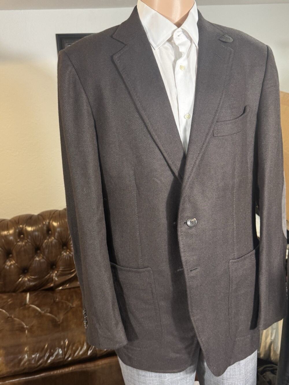 Tom Ford Brown Flannel Cashmere Herringbone Suede Storm Collar Blazer 54 44R
